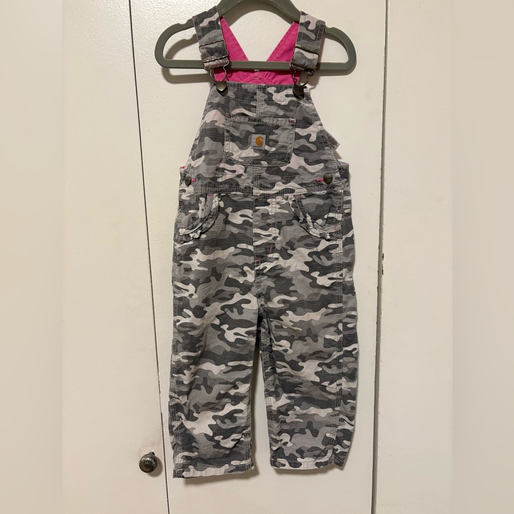 Carhartt Baby Camo Gray Pink Overalls Size 2T Adjustable Straps 100% Cotton EUC